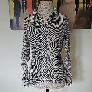 Tanya Taylor Black and White Zebra Silk Ruched Button-Down Shirt. Size 8